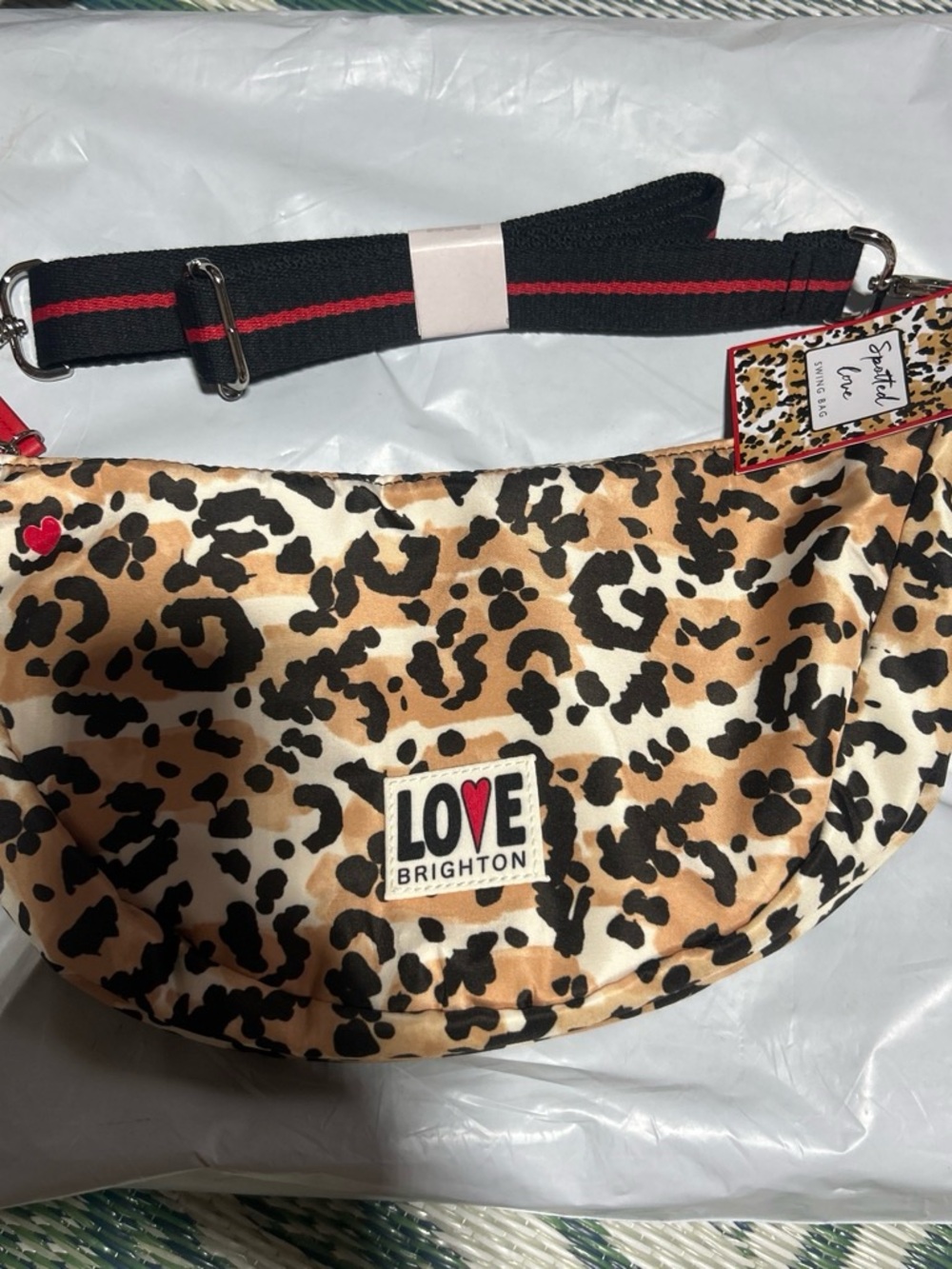 Brighton LOVE Leopard Print Crossbody Bag in Tan and Black with Red Accents